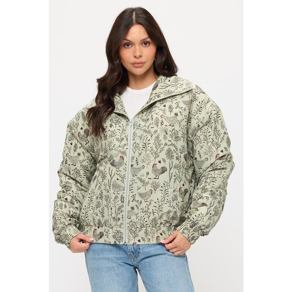 SM Wardrobe Size M/L Rooster Floral Print Bomber Puffer Jacket